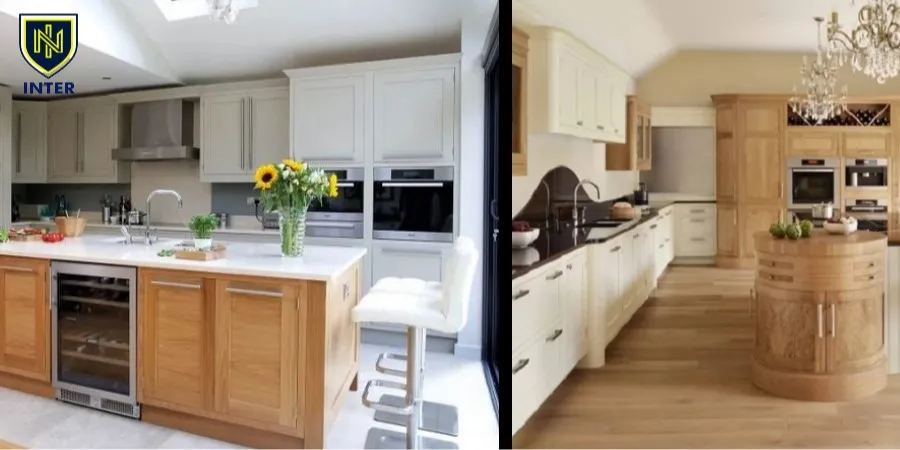 ترکیب کابینت کرم با رنگ و طرح چوب